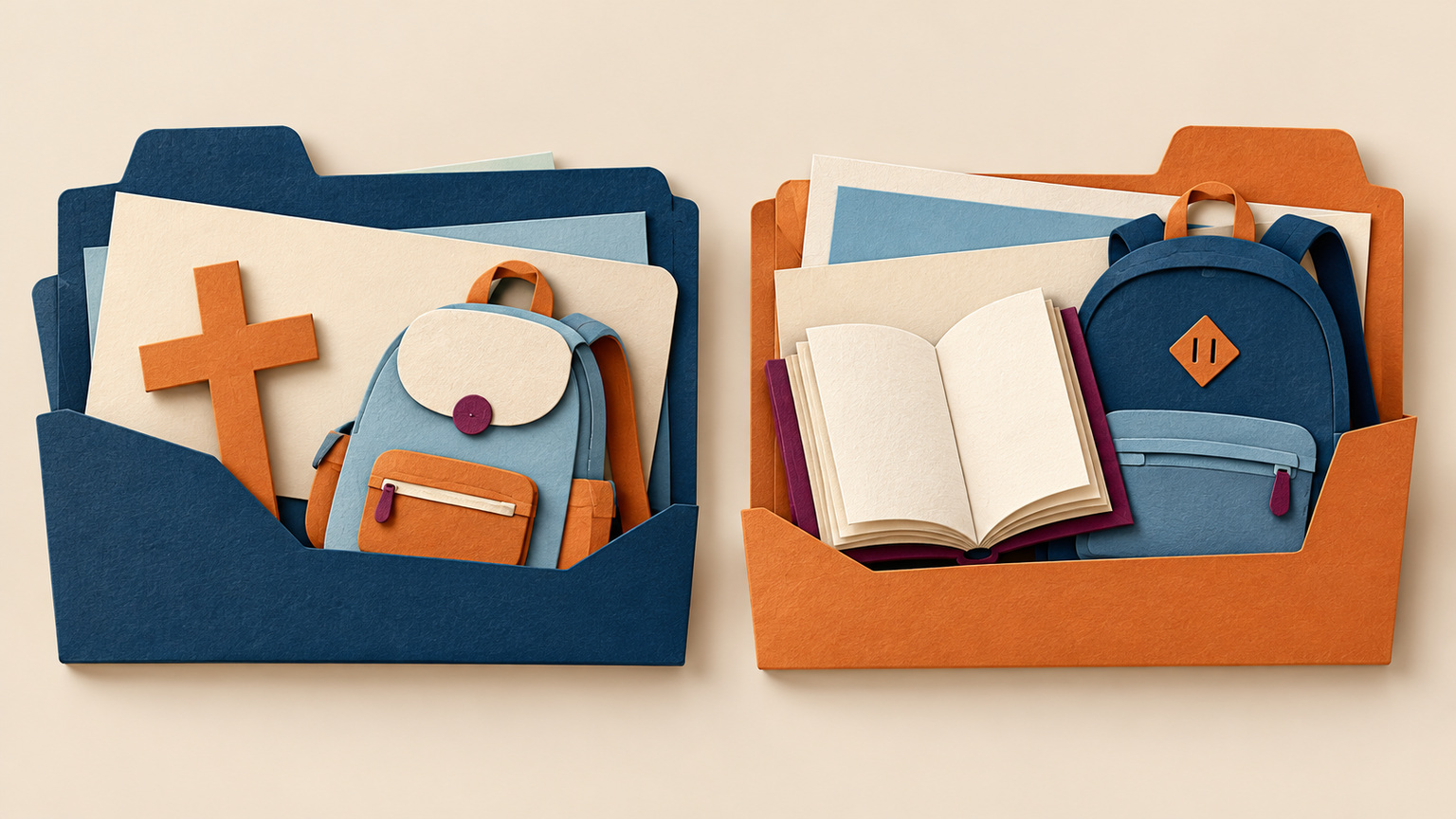 Paper-cut folders, backpacks, a cross and an open book representing different school admission pathways.