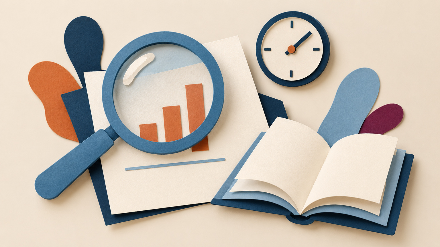 Paper-cut magnifying glass over an abstract report beside a clock and open book, illustrating the need to check assessment dates.